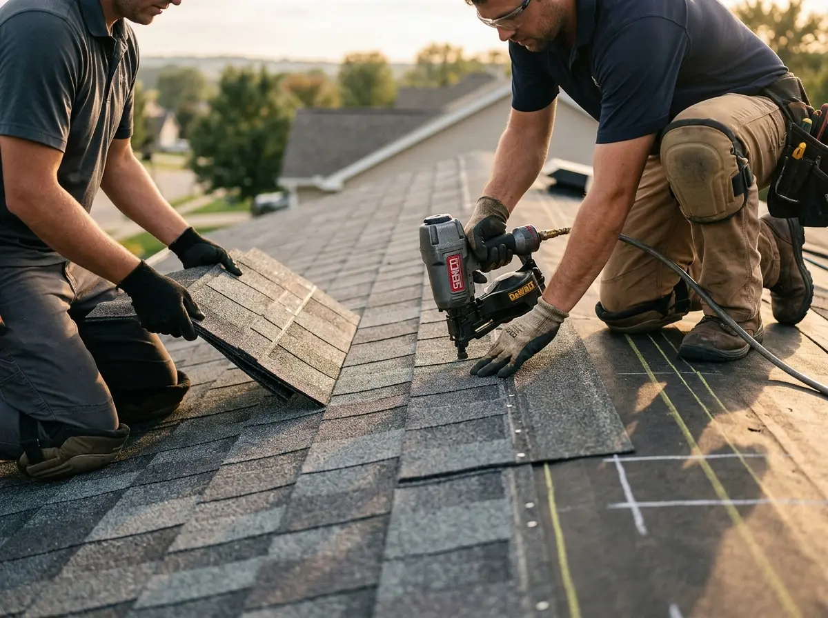 Professional roofer working on a residential roof in Walled Lake